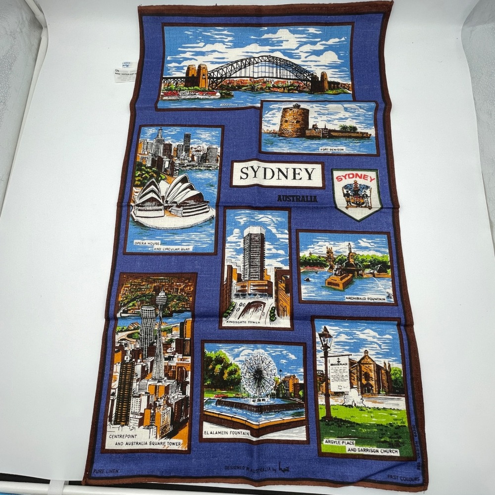 Vintage Sydney Australia Souvenir Tea Towel Pure Linen Opera House Landmarks